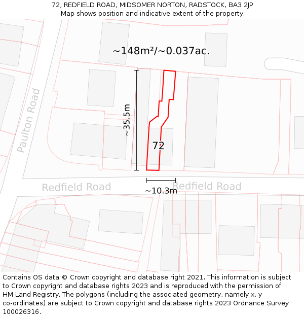 72, REDFIELD ROAD, MIDSOMER NORTON, RADSTOCK, BA3 2JP: Plot and title map