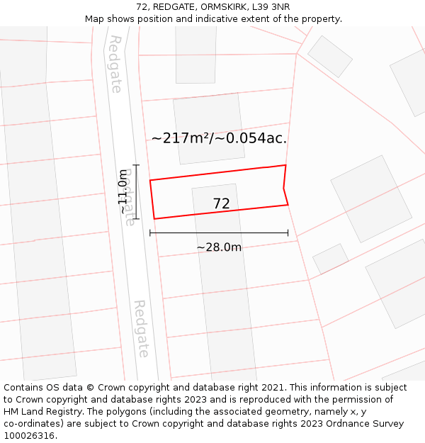 72, REDGATE, ORMSKIRK, L39 3NR: Plot and title map