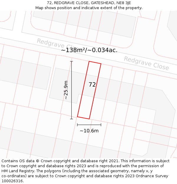 72, REDGRAVE CLOSE, GATESHEAD, NE8 3JE: Plot and title map