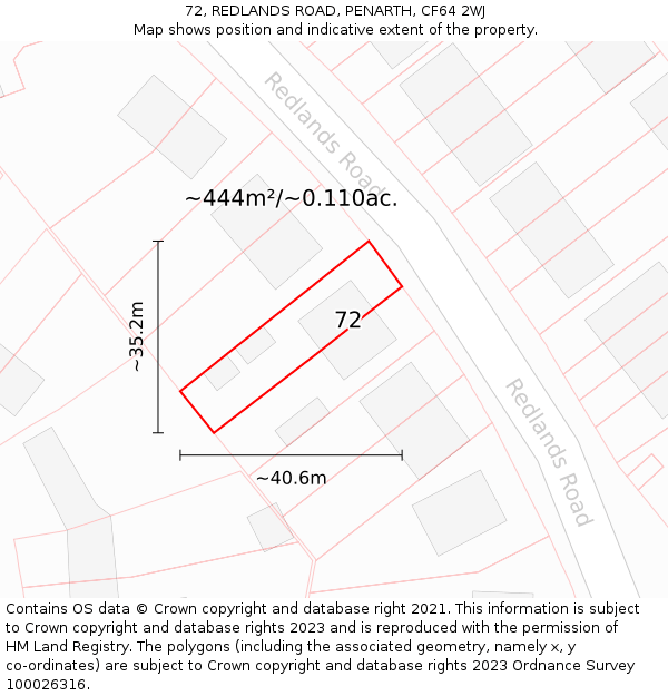 72, REDLANDS ROAD, PENARTH, CF64 2WJ: Plot and title map