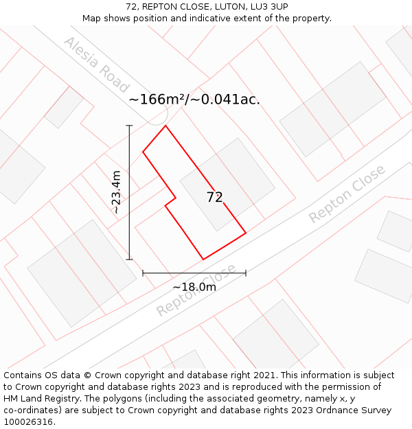 72, REPTON CLOSE, LUTON, LU3 3UP: Plot and title map