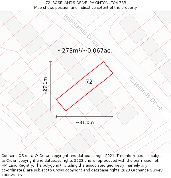 72, ROSELANDS DRIVE, PAIGNTON, TQ4 7RB: Plot and title map
