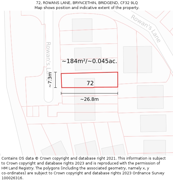 72, ROWANS LANE, BRYNCETHIN, BRIDGEND, CF32 9LQ: Plot and title map