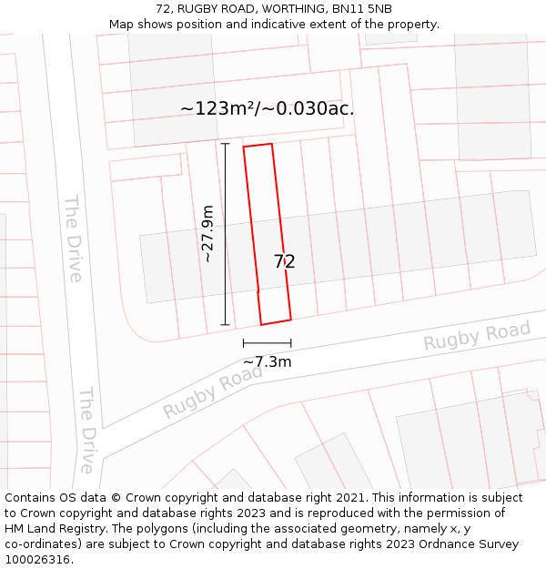72, RUGBY ROAD, WORTHING, BN11 5NB: Plot and title map