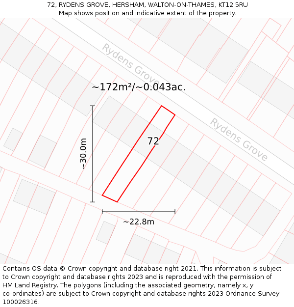 72, RYDENS GROVE, HERSHAM, WALTON-ON-THAMES, KT12 5RU: Plot and title map