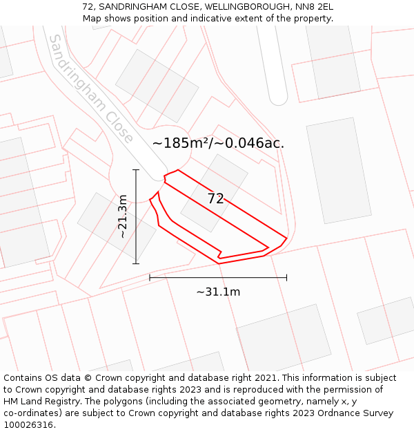72, SANDRINGHAM CLOSE, WELLINGBOROUGH, NN8 2EL: Plot and title map