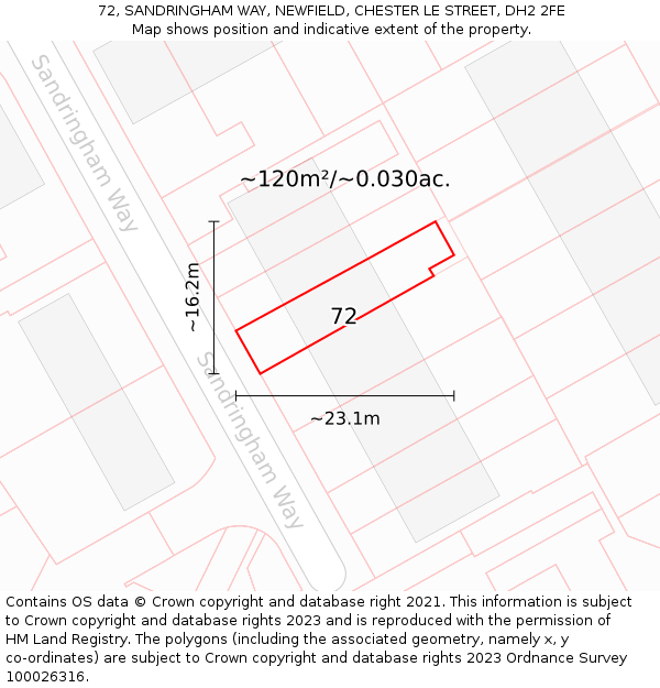 72, SANDRINGHAM WAY, NEWFIELD, CHESTER LE STREET, DH2 2FE: Plot and title map