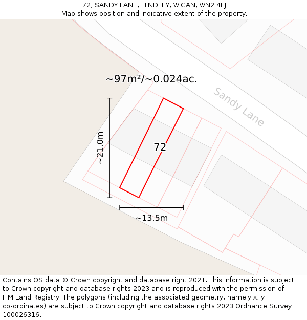 72, SANDY LANE, HINDLEY, WIGAN, WN2 4EJ: Plot and title map