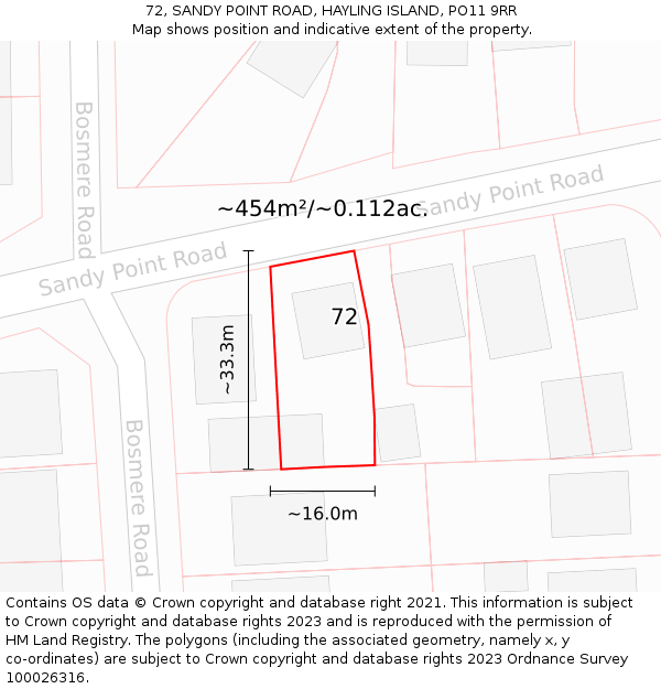 72, SANDY POINT ROAD, HAYLING ISLAND, PO11 9RR: Plot and title map