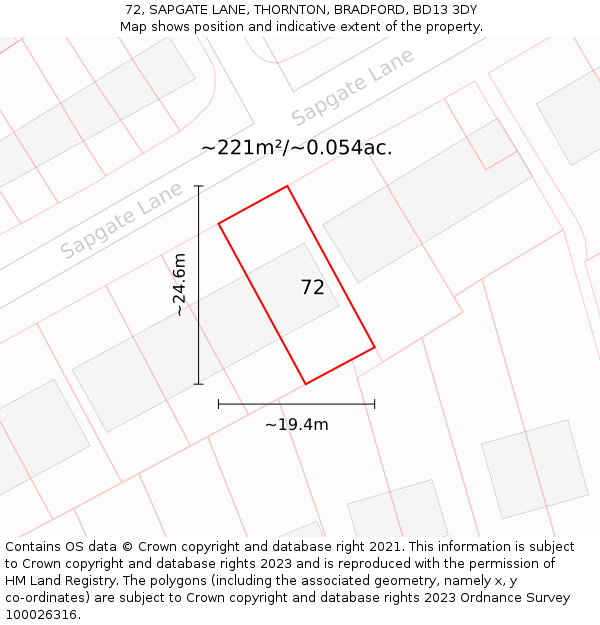 72, SAPGATE LANE, THORNTON, BRADFORD, BD13 3DY: Plot and title map