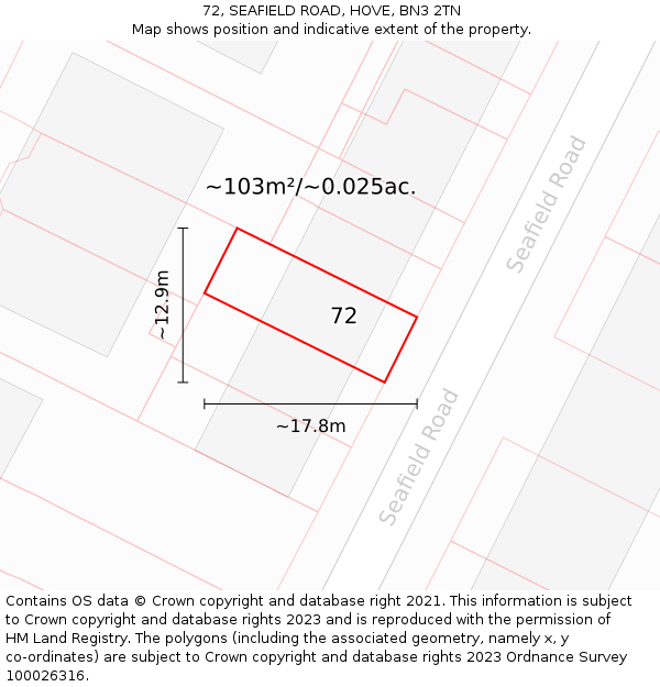 72, SEAFIELD ROAD, HOVE, BN3 2TN: Plot and title map
