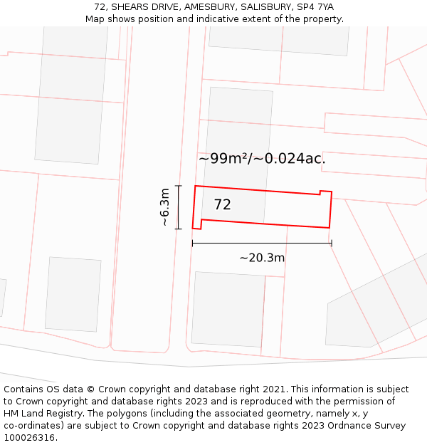 72, SHEARS DRIVE, AMESBURY, SALISBURY, SP4 7YA: Plot and title map