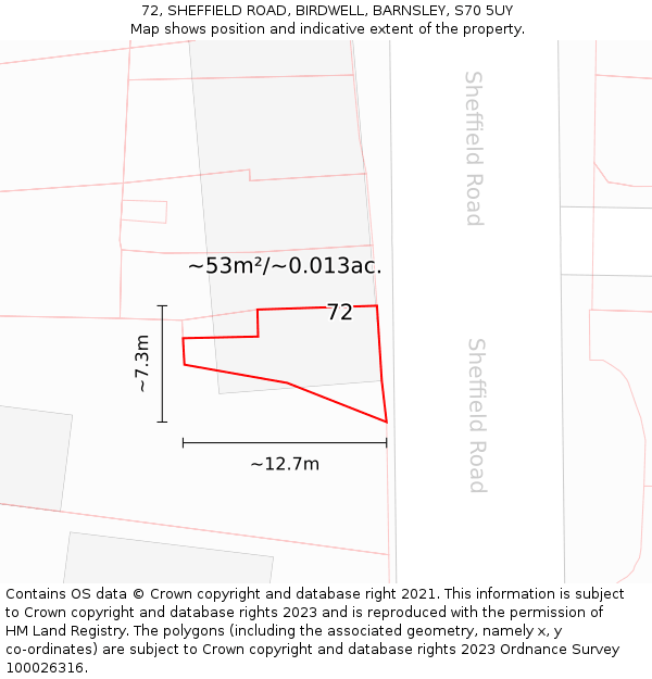 72, SHEFFIELD ROAD, BIRDWELL, BARNSLEY, S70 5UY: Plot and title map