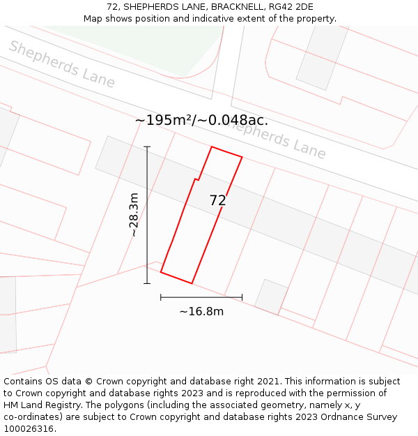 72, SHEPHERDS LANE, BRACKNELL, RG42 2DE: Plot and title map