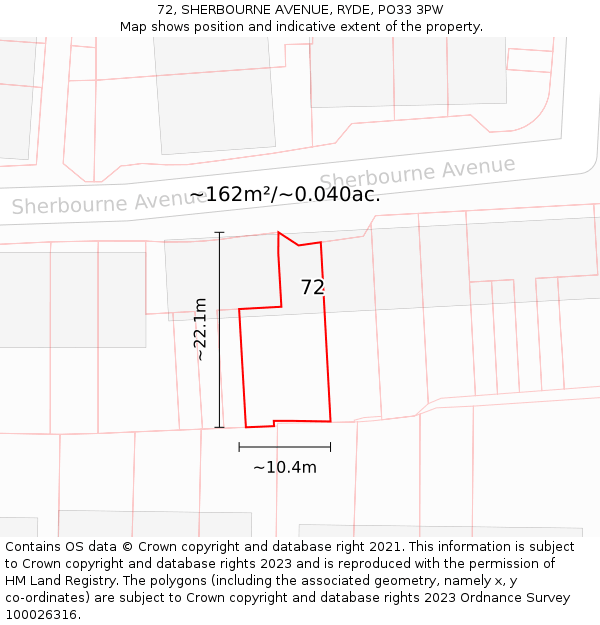 72, SHERBOURNE AVENUE, RYDE, PO33 3PW: Plot and title map