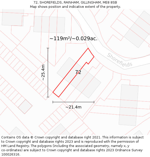 72, SHOREFIELDS, RAINHAM, GILLINGHAM, ME8 8SB: Plot and title map