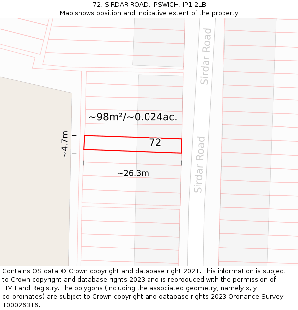 72, SIRDAR ROAD, IPSWICH, IP1 2LB: Plot and title map