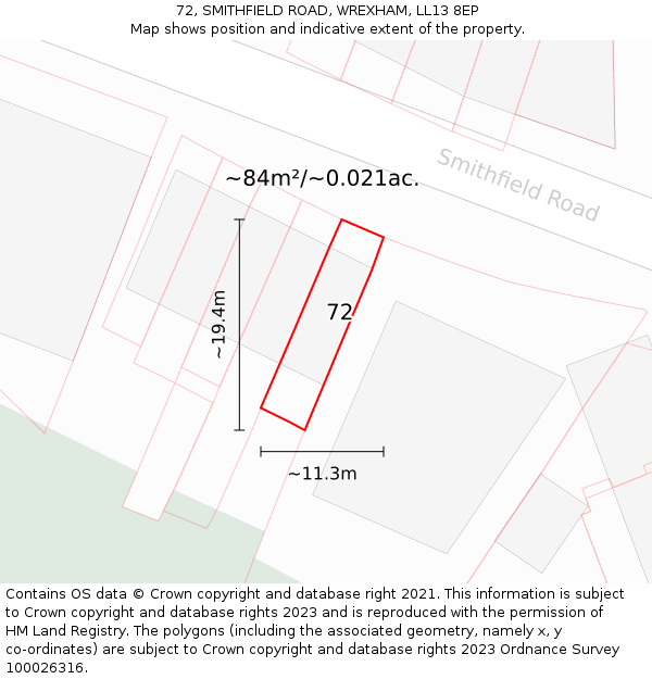 72, SMITHFIELD ROAD, WREXHAM, LL13 8EP: Plot and title map
