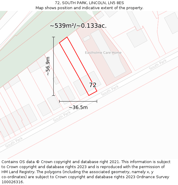 72, SOUTH PARK, LINCOLN, LN5 8ES: Plot and title map