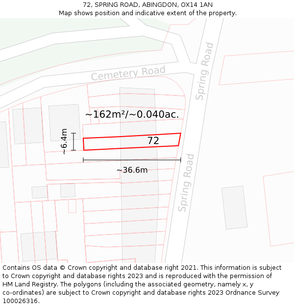 72, SPRING ROAD, ABINGDON, OX14 1AN: Plot and title map