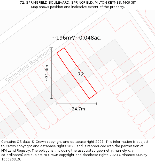 72, SPRINGFIELD BOULEVARD, SPRINGFIELD, MILTON KEYNES, MK6 3JT: Plot and title map