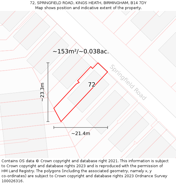72, SPRINGFIELD ROAD, KINGS HEATH, BIRMINGHAM, B14 7DY: Plot and title map