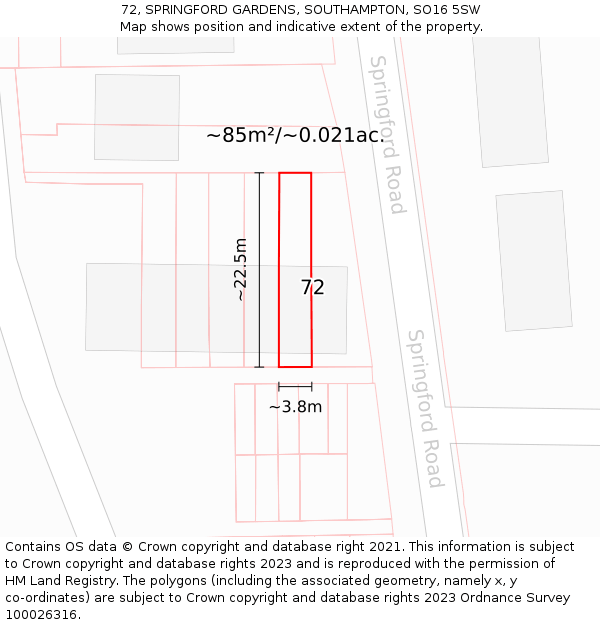 72, SPRINGFORD GARDENS, SOUTHAMPTON, SO16 5SW: Plot and title map