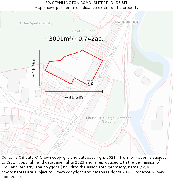 72, STANNINGTON ROAD, SHEFFIELD, S6 5FL: Plot and title map