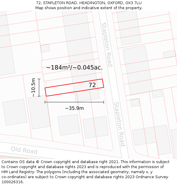 72, STAPLETON ROAD, HEADINGTON, OXFORD, OX3 7LU: Plot and title map