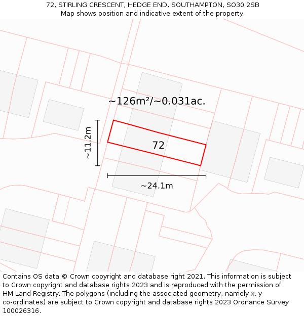 72, STIRLING CRESCENT, HEDGE END, SOUTHAMPTON, SO30 2SB: Plot and title map