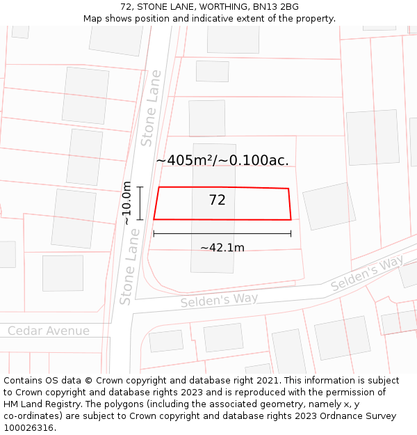 72, STONE LANE, WORTHING, BN13 2BG: Plot and title map