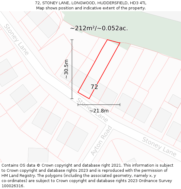72, STONEY LANE, LONGWOOD, HUDDERSFIELD, HD3 4TL: Plot and title map