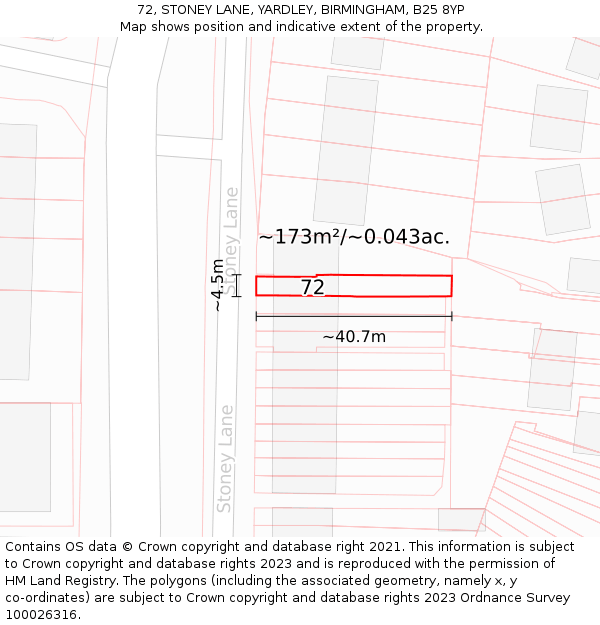 72, STONEY LANE, YARDLEY, BIRMINGHAM, B25 8YP: Plot and title map