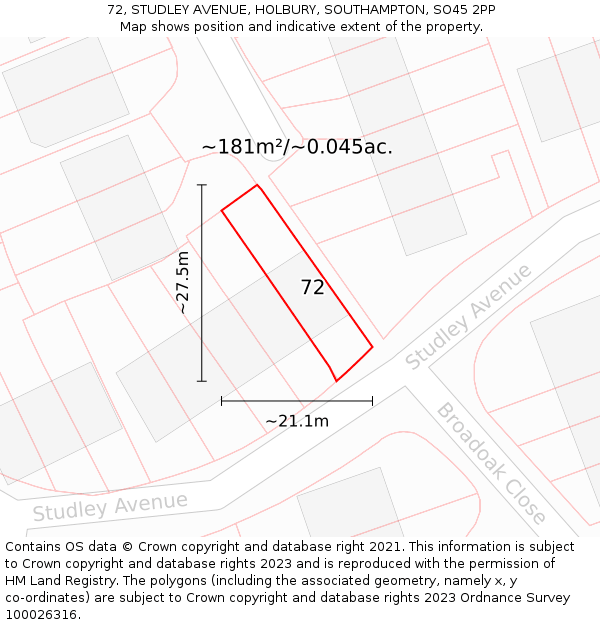 72, STUDLEY AVENUE, HOLBURY, SOUTHAMPTON, SO45 2PP: Plot and title map