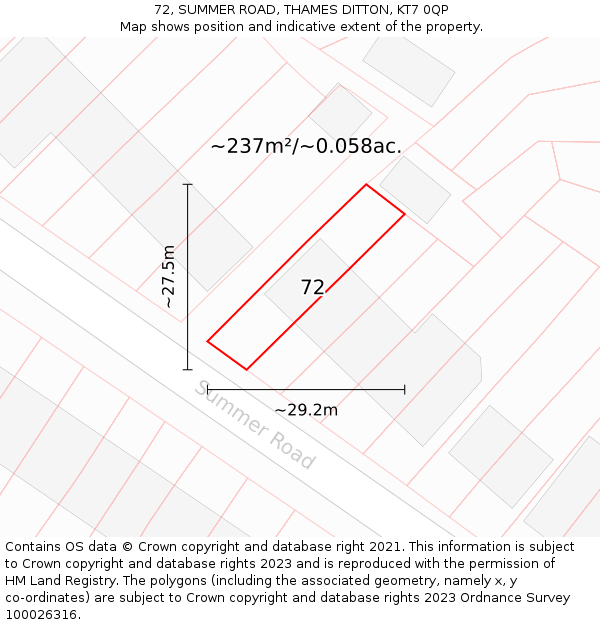 72, SUMMER ROAD, THAMES DITTON, KT7 0QP: Plot and title map