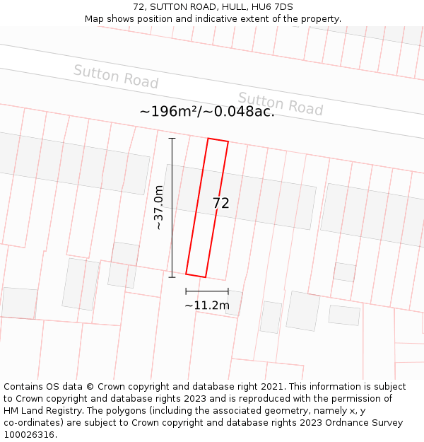 72, SUTTON ROAD, HULL, HU6 7DS: Plot and title map