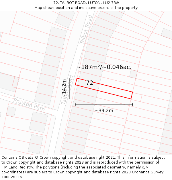72, TALBOT ROAD, LUTON, LU2 7RW: Plot and title map