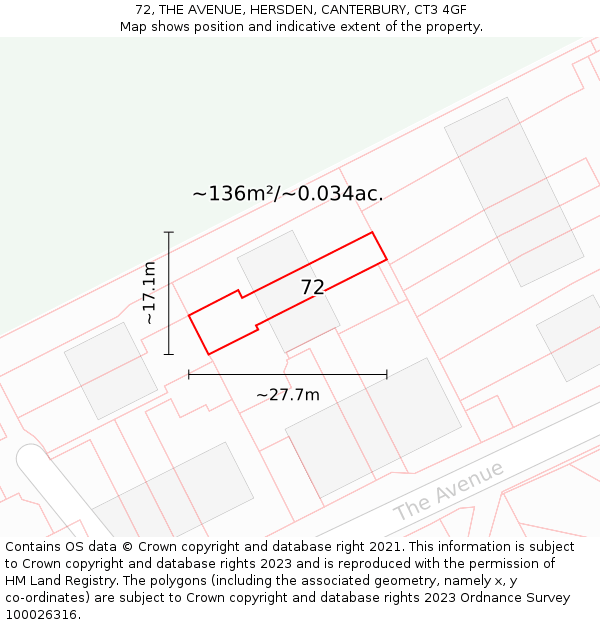 72, THE AVENUE, HERSDEN, CANTERBURY, CT3 4GF: Plot and title map