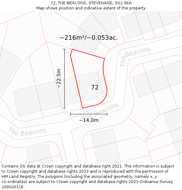 72, THE BEACONS, STEVENAGE, SG1 6EA: Plot and title map