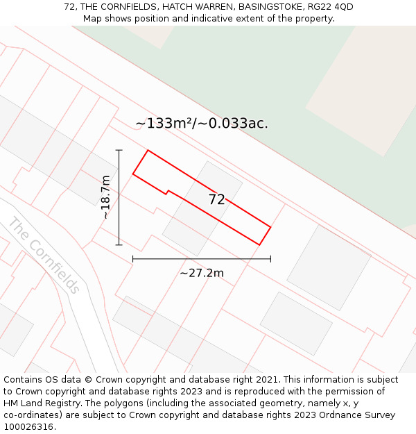 72, THE CORNFIELDS, HATCH WARREN, BASINGSTOKE, RG22 4QD: Plot and title map