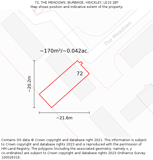 72, THE MEADOWS, BURBAGE, HINCKLEY, LE10 2BT: Plot and title map