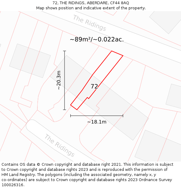 72, THE RIDINGS, ABERDARE, CF44 8AQ: Plot and title map