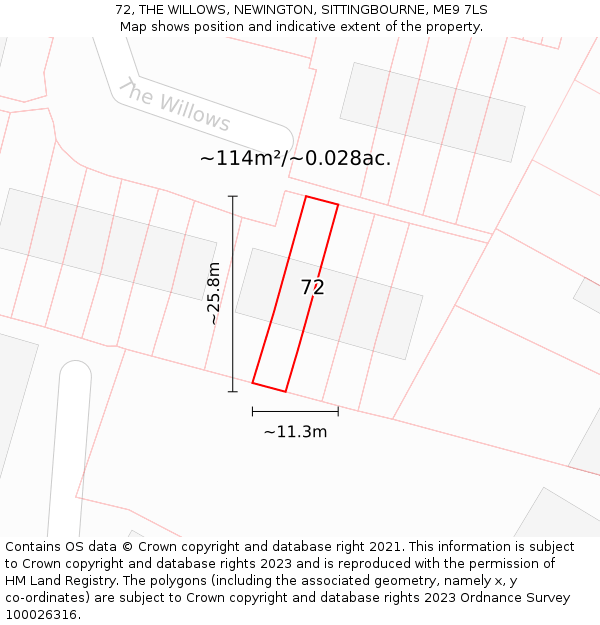 72, THE WILLOWS, NEWINGTON, SITTINGBOURNE, ME9 7LS: Plot and title map