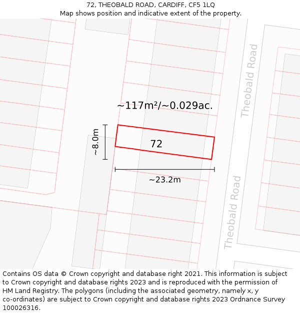 72, THEOBALD ROAD, CARDIFF, CF5 1LQ: Plot and title map