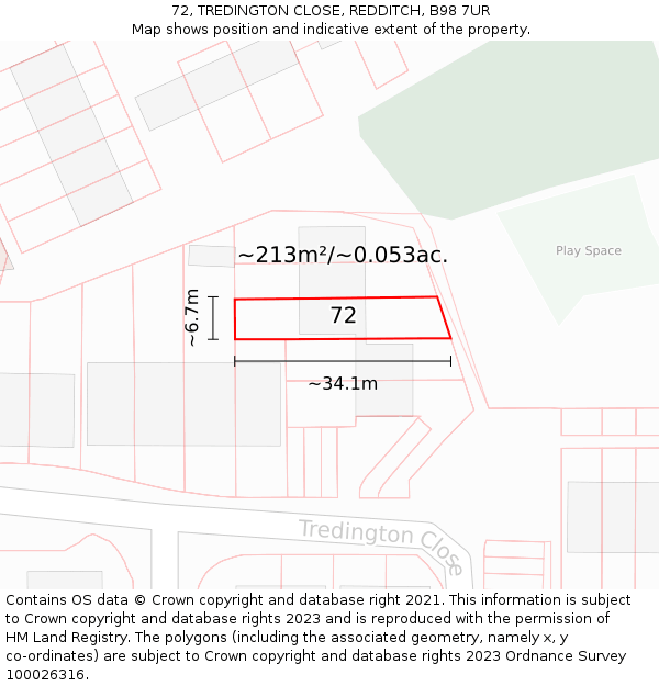 72, TREDINGTON CLOSE, REDDITCH, B98 7UR: Plot and title map