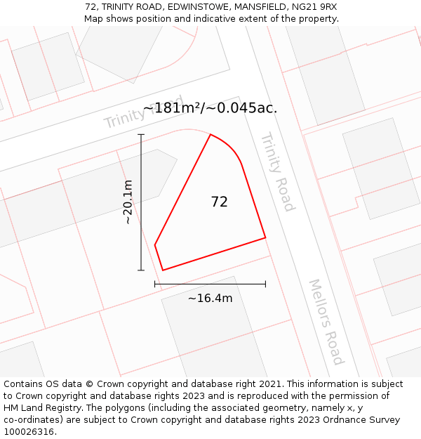 72, TRINITY ROAD, EDWINSTOWE, MANSFIELD, NG21 9RX: Plot and title map