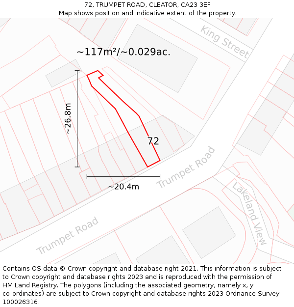 72, TRUMPET ROAD, CLEATOR, CA23 3EF: Plot and title map