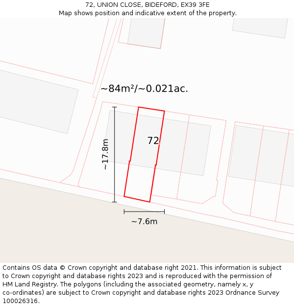 72, UNION CLOSE, BIDEFORD, EX39 3FE: Plot and title map