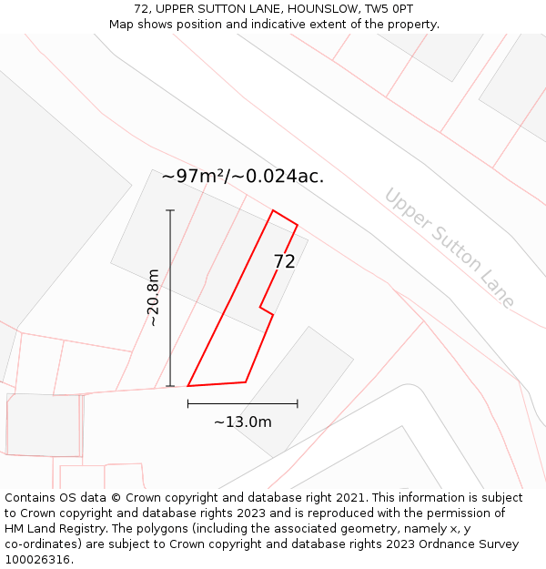 72, UPPER SUTTON LANE, HOUNSLOW, TW5 0PT: Plot and title map