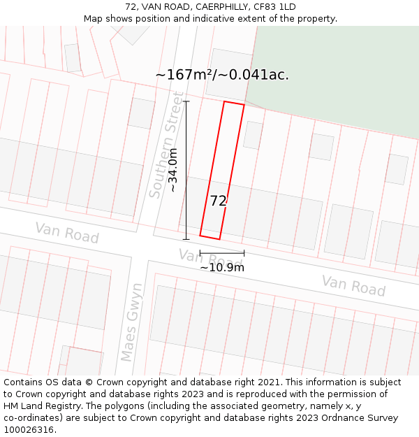 72, VAN ROAD, CAERPHILLY, CF83 1LD: Plot and title map